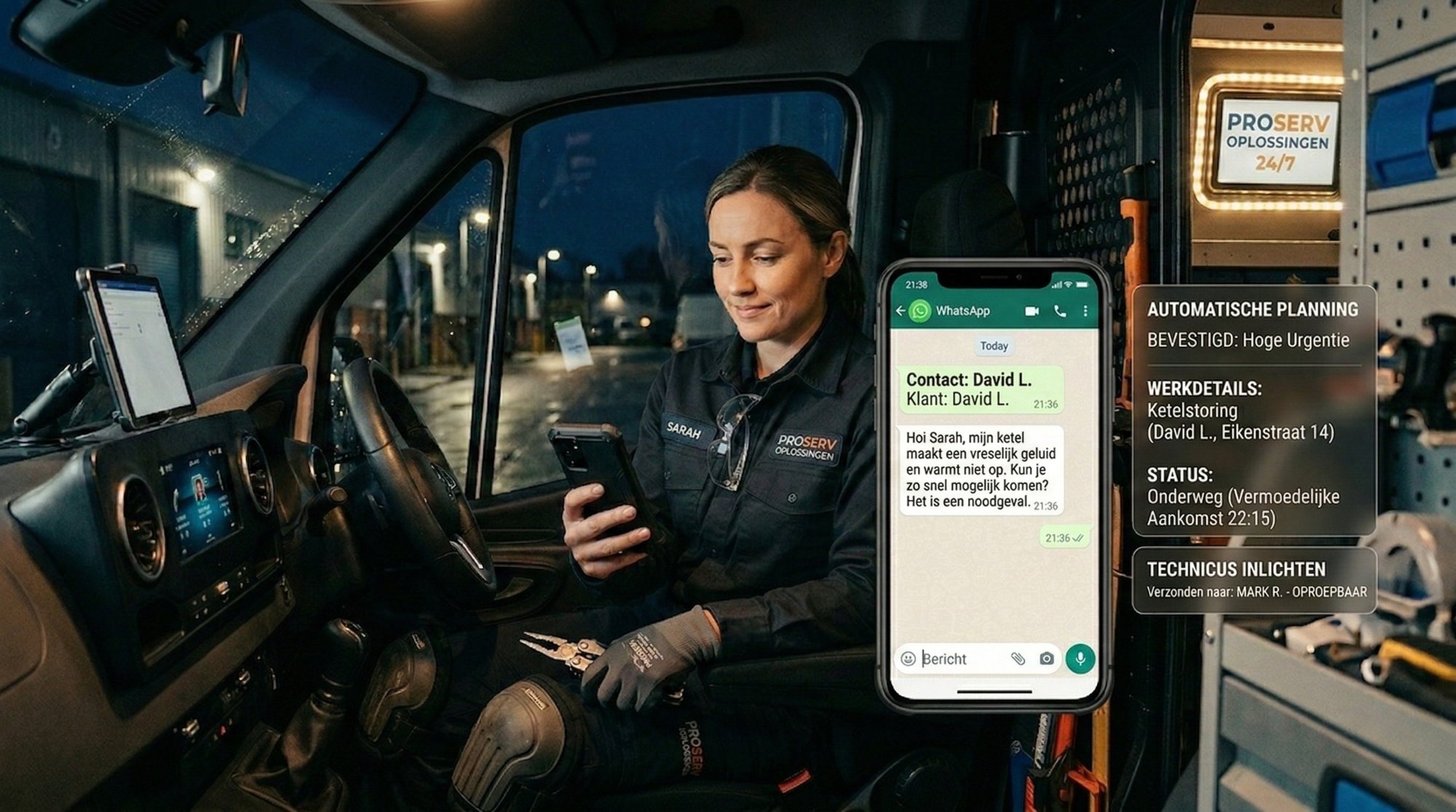 Monteur in bestelbus ontvangt automated WhatsApp planning met clientgegevens