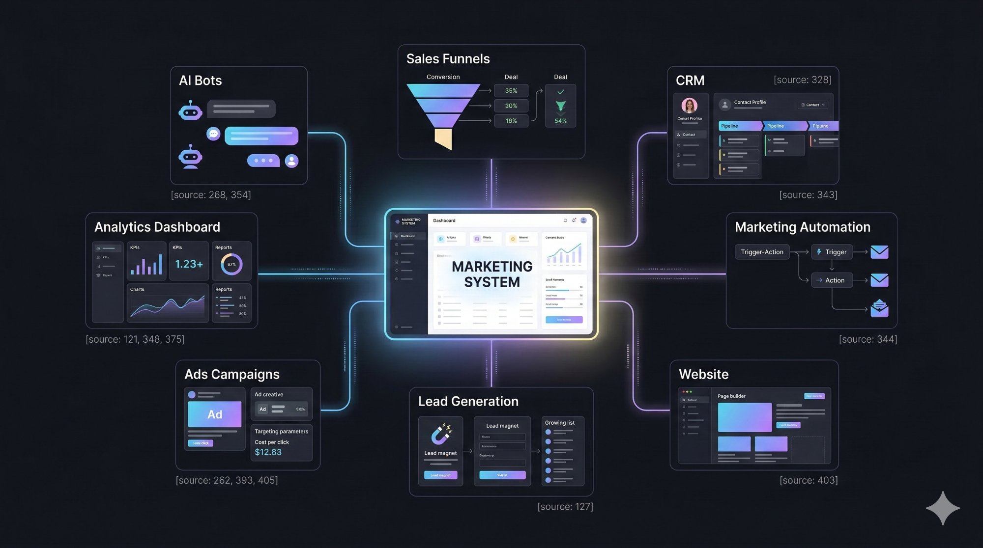 Volledig marketing system: AI Bots, Sales Funnels, CRM, Marketing Automation, Lead Generation, Analytics Dashboard en Website